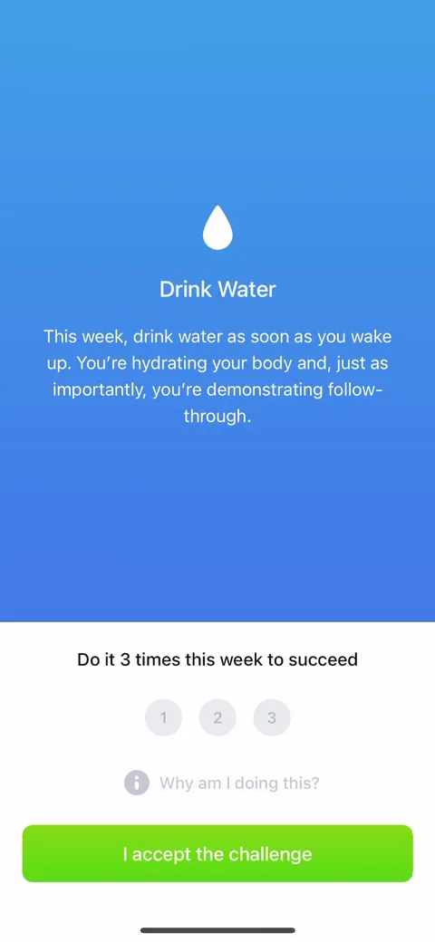 Fabulous onboarding screen 80: 'Drink water this week, do it 3 times to succeed.' A tiny first action that's almost impossible to fail