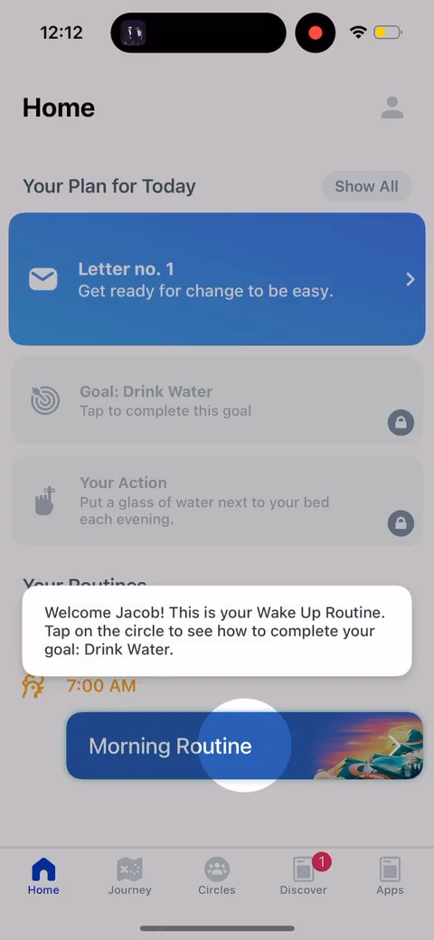 Fabulous onboarding screen 96: Drops you into the home with a guided first task: tap the circle to complete 'drink water,' with the action…