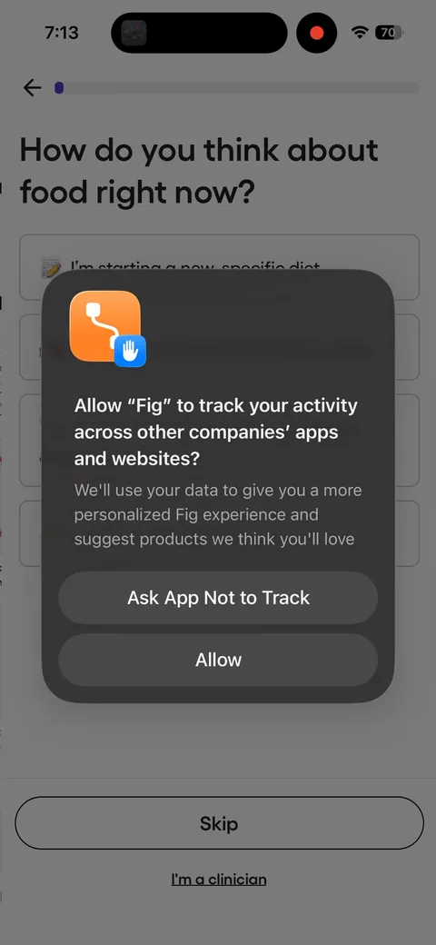 Fig onboarding screen 2: Then the ATT prompt on the first question