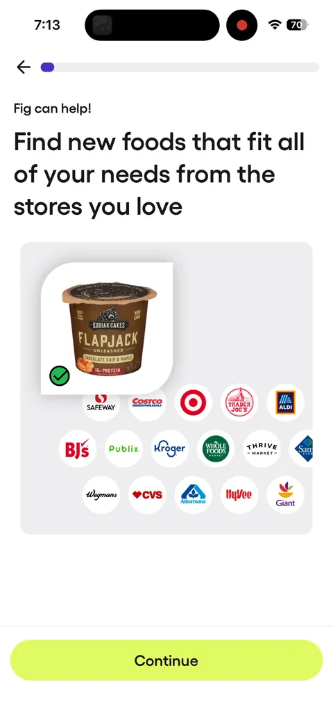 Fig onboarding screen 3: 'Find new foods that fit all of your needs from the stores you love' with a real product and grocery logos…