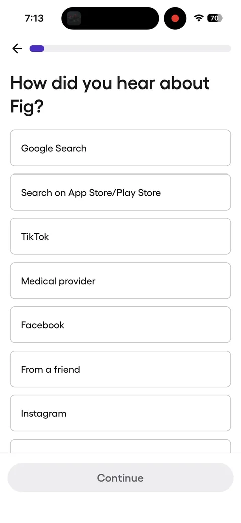Fig onboarding screen 4: Attribution question with 'Medical provider' as an option