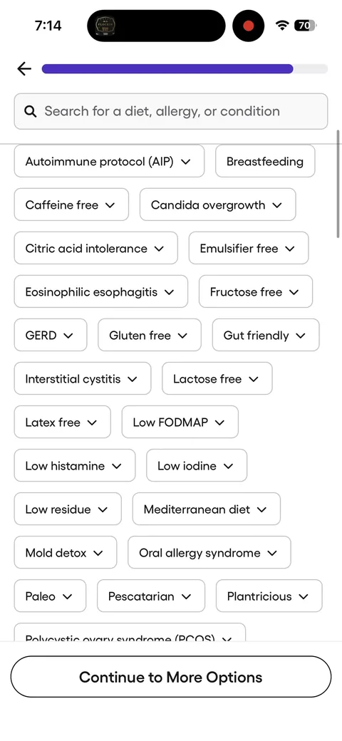 Fig onboarding screen 6: Chip picker of diets and conditions ('Low FODMAP', 'GERD', 'Gluten free', 'Mold detox')