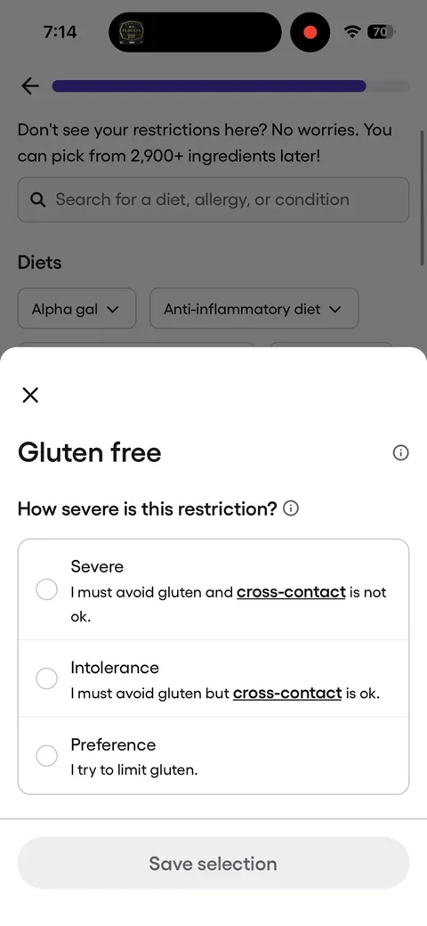 Fig onboarding screen 7: Tap a restriction and you get a severity sheet: 'Severe' (cross-contact is not ok), 'Intolerance'…