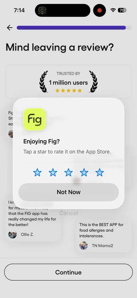 Fig onboarding screen 8: 'Mind leaving a review?' with 'Trusted by 1 million users' laurels and user quotes behind the native rating…