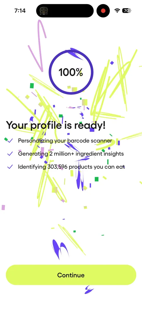 Fig onboarding screen 10: Loading screen that ends on 'Identifying 303,596 products you can eat' with confetti