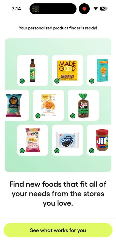 Fig onboarding screen 11: 'Your personalized product finder is ready' with a grid of products checked as safe