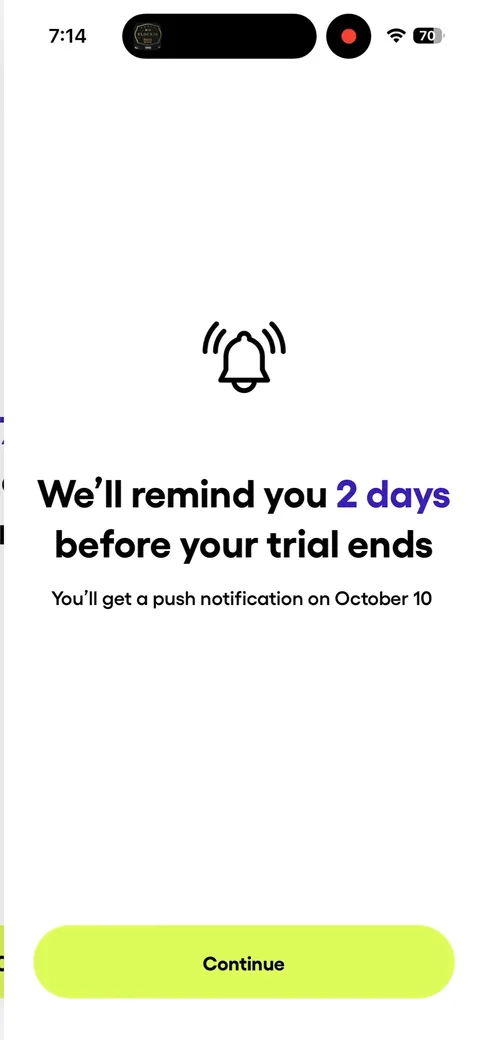 Fig onboarding screen 12: 'We'll remind you 2 days before your trial ends
