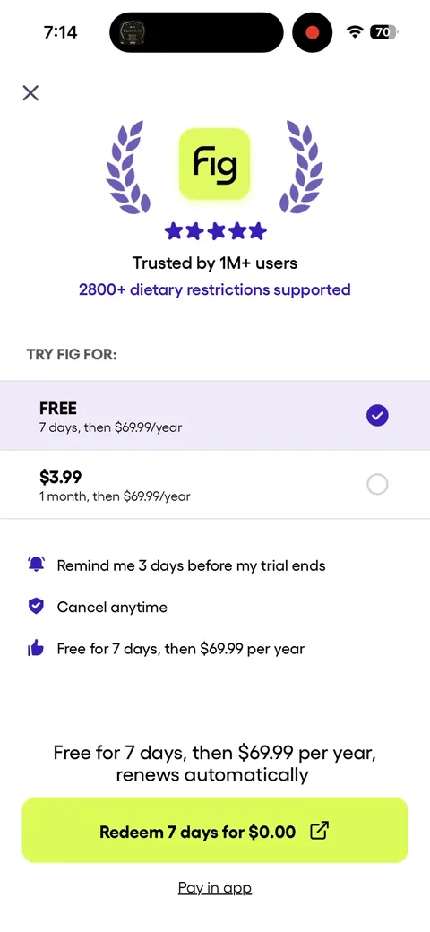 Fig paywall with pricing, onboarding screen 14