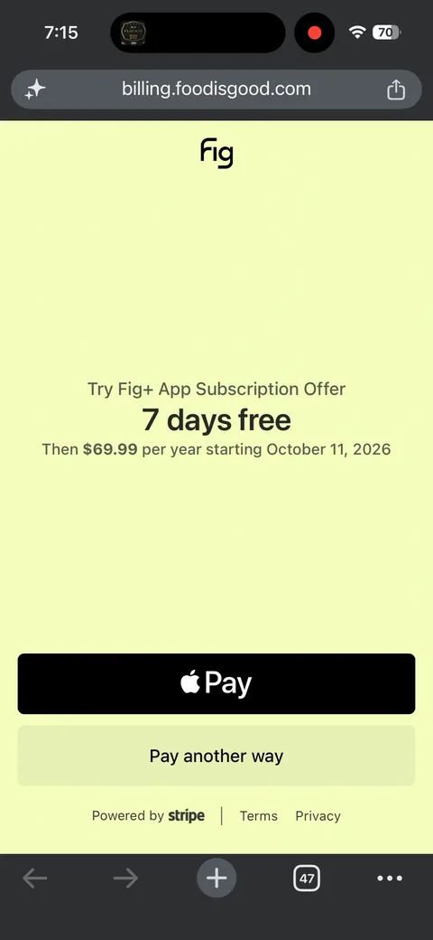 Fig onboarding screen 17: The web checkout: 'Try Fig+ App Subscription Offer