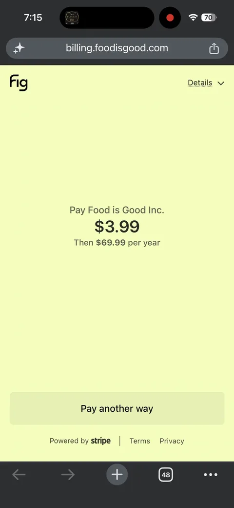 Fig onboarding screen 22: The $3.99 path on web: 'Pay Food is Good Inc