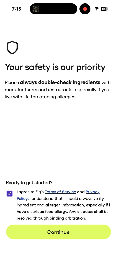 Fig onboarding screen 25: 'Your safety is our priority' with a required checkbox covering terms, the allergen disclaimer and binding…
