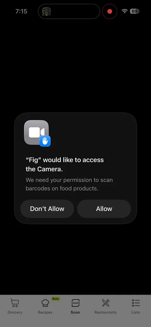 Fig onboarding screen 26: Camera permission with the reason in the prompt: 'We need your permission to scan barcodes on food products.'…