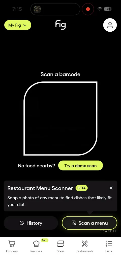 Fig onboarding screen 27: Lands straight on the barcode scanner, with 'No food nearby