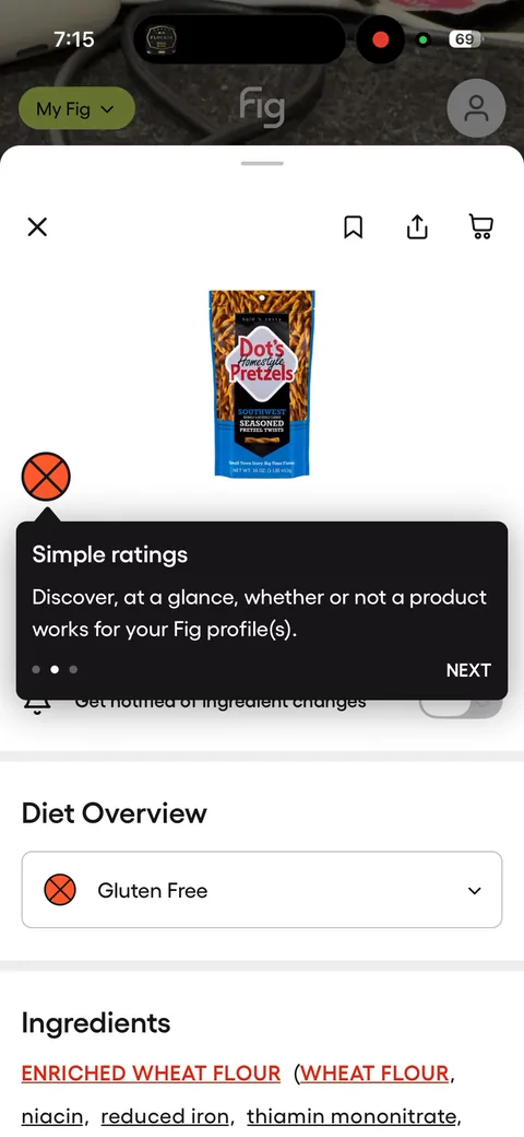 Fig onboarding screen 39: Demo scan result: a bag of pretzels with a red X against your Gluten Free profile and 'Enriched wheat flour'…