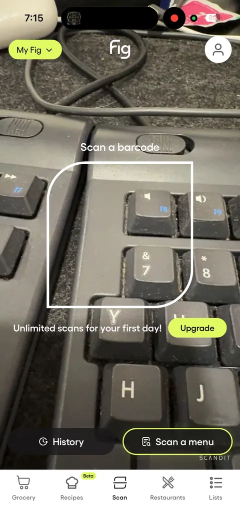 Fig onboarding screen 40: Skip the paywall and you get 'Unlimited scans for your first day!' with an Upgrade button on the scanner