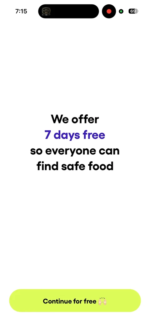 Fig onboarding screen 41: Tap Upgrade and the paywall sequence replays: 'We offer 7 days free so everyone can find safe food.' Mission…