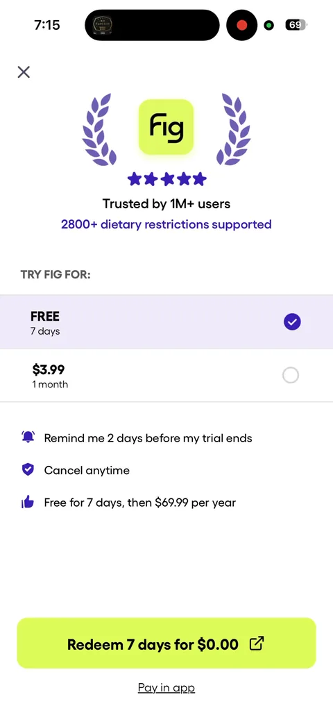 Fig onboarding screen 43: Second paywall, same structure, still routing to web with 'Redeem 7 days for $0.00'