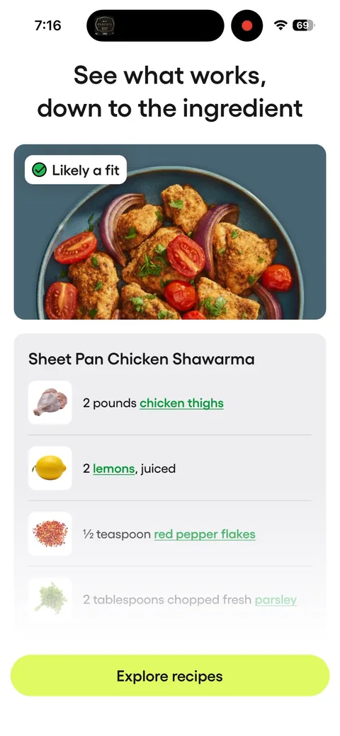 Fig onboarding screen 46: 'See what works, down to the ingredient' introduces recipes with a 'Likely a fit' badge
