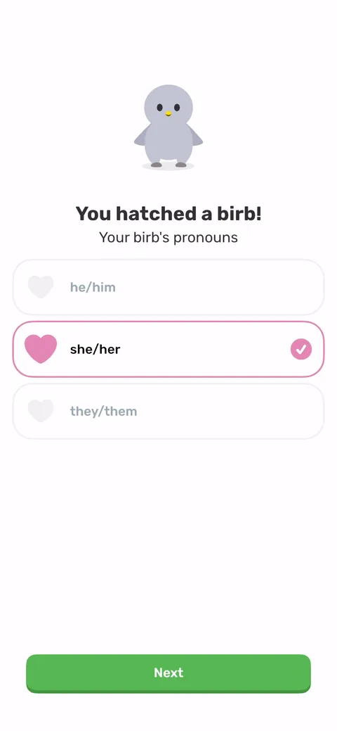 Finch onboarding screen 6: Picking your birb's pronouns