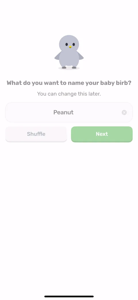 Finch onboarding screen 9: Naming the bird, with 'Peanut' pre-filled as a placeholder