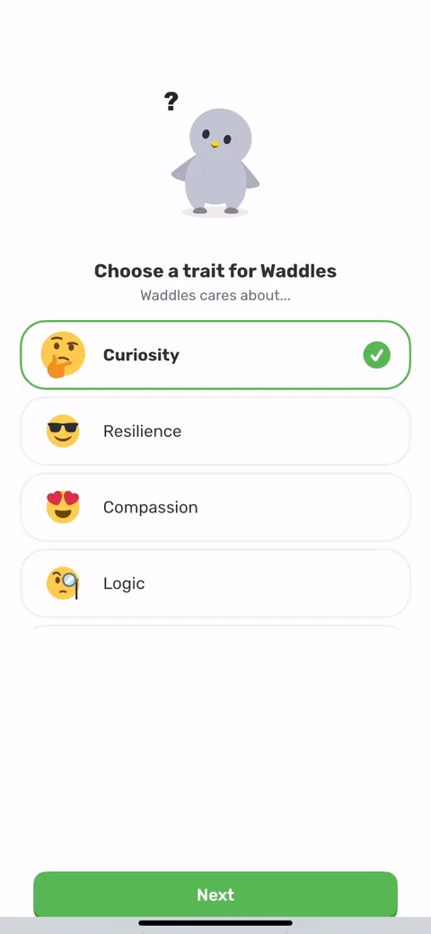 Finch onboarding screen 11: Choose a trait for Waddles: curiosity, resilience, compassion, logic