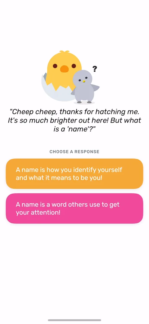 Finch onboarding screen 16: Interactive dialogue where the bird asks 'what is a name?' and you pick how to answer