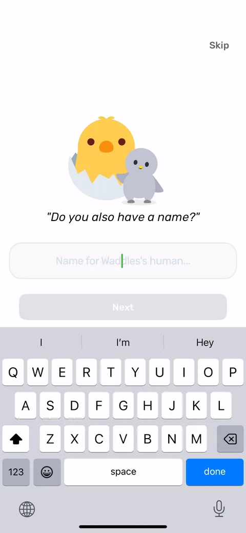 Finch onboarding screen 18: Now the bird asks for your name