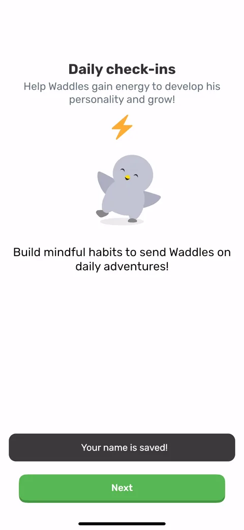 Finch onboarding screen 19: Daily check-ins help Waddles gain energy to grow