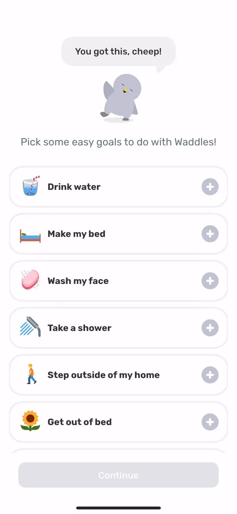 Finch onboarding screen 27: Pick some easy goals, multi-select, with options as low as 'literally survive the day' and 'get out of bed.'…