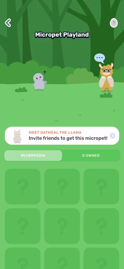 Finch onboarding screen 46: Micropet Playland: 'invite friends to get this micropet.' The referral loop is baked into the collection…