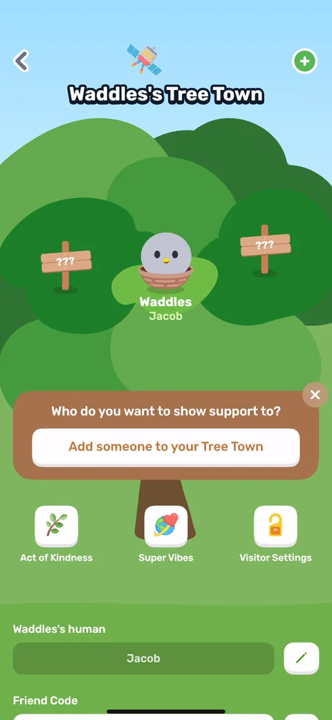 Finch onboarding screen 49: Tree Town, where you support friends and they support you