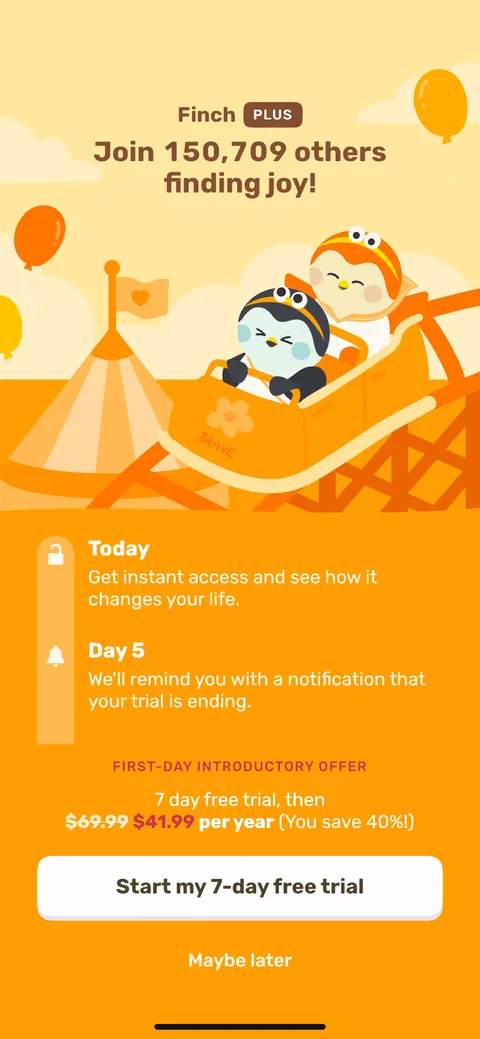Finch onboarding screen 60: Second paywall, 'Join 150,709 others finding joy,' surfaced after you've used the free app a bit