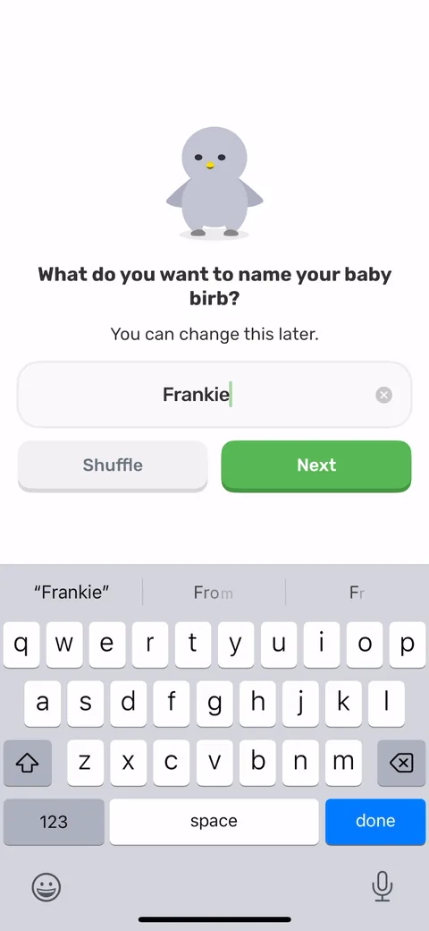 Finch onboarding screen 10: 'What do you want to name your baby birb?' with a Shuffle button for the undecided