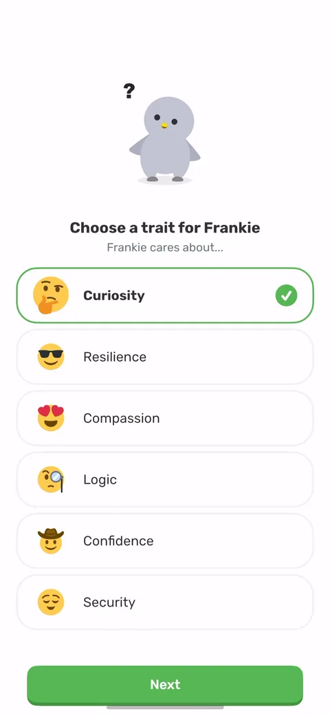 Finch onboarding screen 11: 'Choose a trait for Frankie