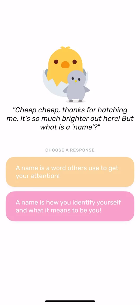 Finch onboarding screen 15: The pet talks: 'Cheep cheep, thanks for hatching me