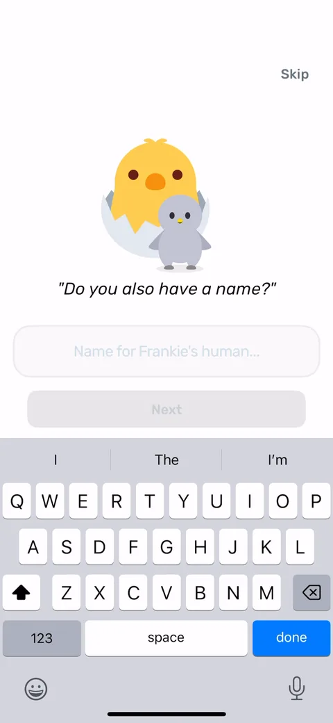 Finch onboarding screen 18: 'Do you also have a name?' The pet asks for your name, so it doesn't feel like a form field