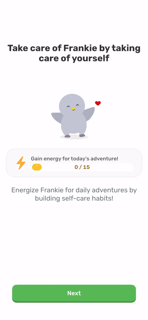 Finch onboarding screen 19: 'Take care of Frankie by taking care of yourself.' The whole core loop in one line, with the energy bar at…