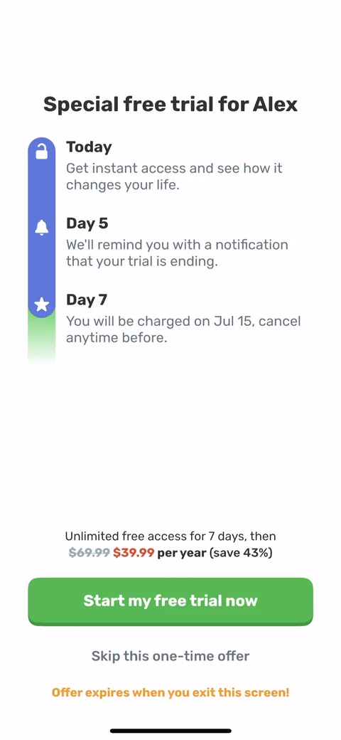 Finch paywall with pricing, onboarding screen 42