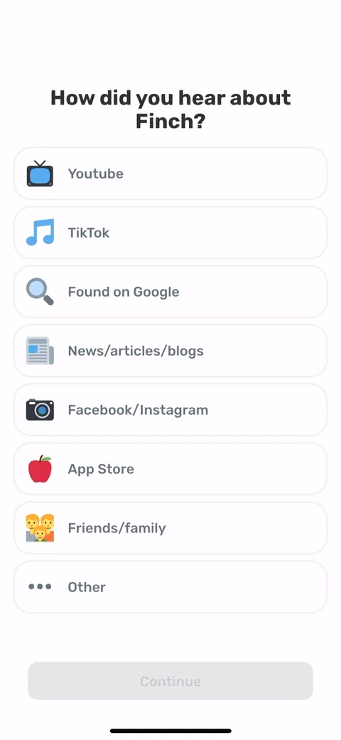 Finch onboarding screen 43: 'How did you hear about Finch?' YouTube, TikTok, friends/family