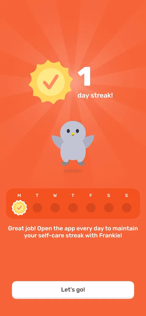 Finch onboarding screen 49: '1 day streak!' shows up before you've done anything, just for opening the app
