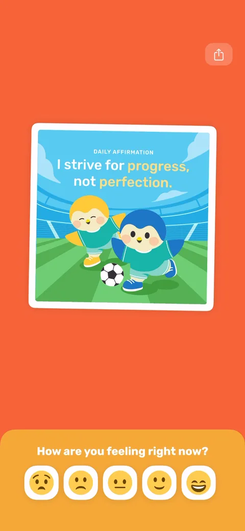 Finch onboarding screen 50: A daily affirmation ('I strive for progress, not perfection') and 'How are you feeling right now?' with five…