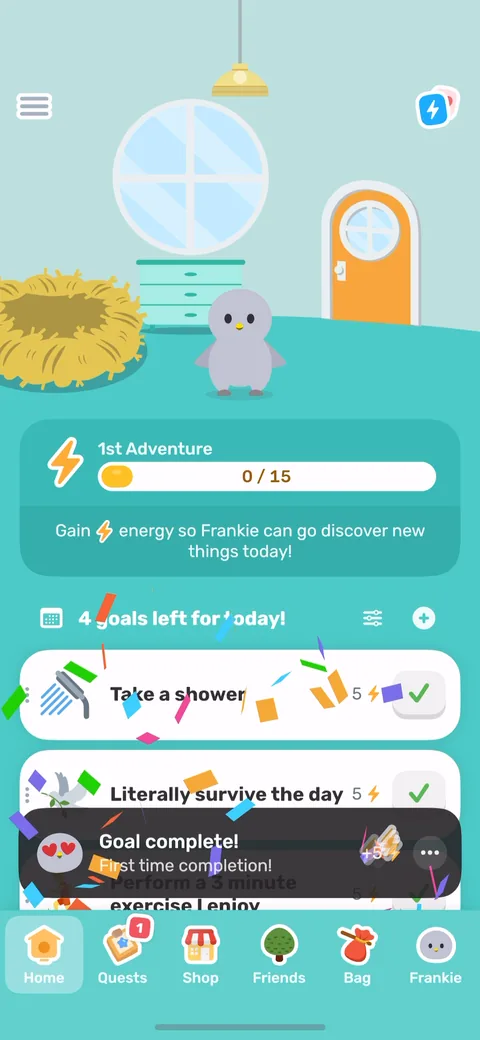 Finch onboarding screen 51: Home screen: '1st Adventure 0/15' with the goals you picked on screen 28 listed below