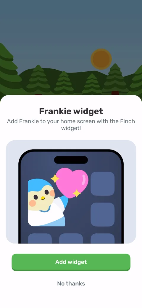 Finch onboarding screen 55: 'Frankie widget: Add Frankie to your home screen.' Asked right after the first goal completion, while you're…