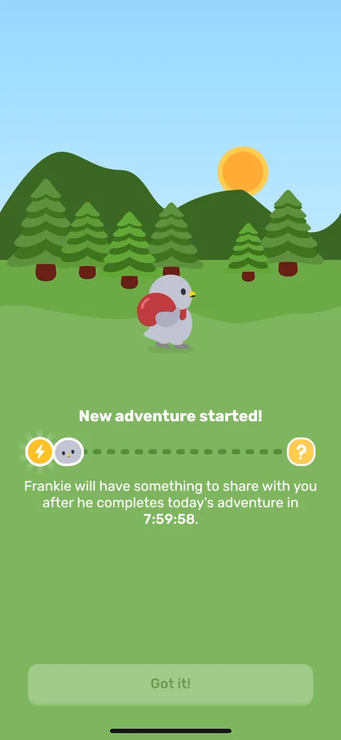 Finch onboarding screen 57: 'New adventure started