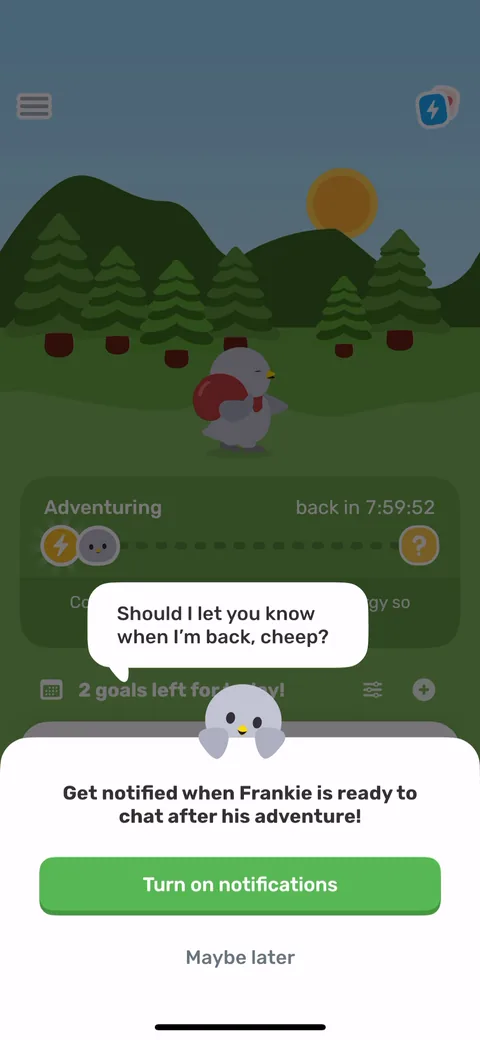 Finch onboarding screen 59: 'Should I let you know when I'm back, cheep?' The second notification ask, after 'Maybe later' on screen 20