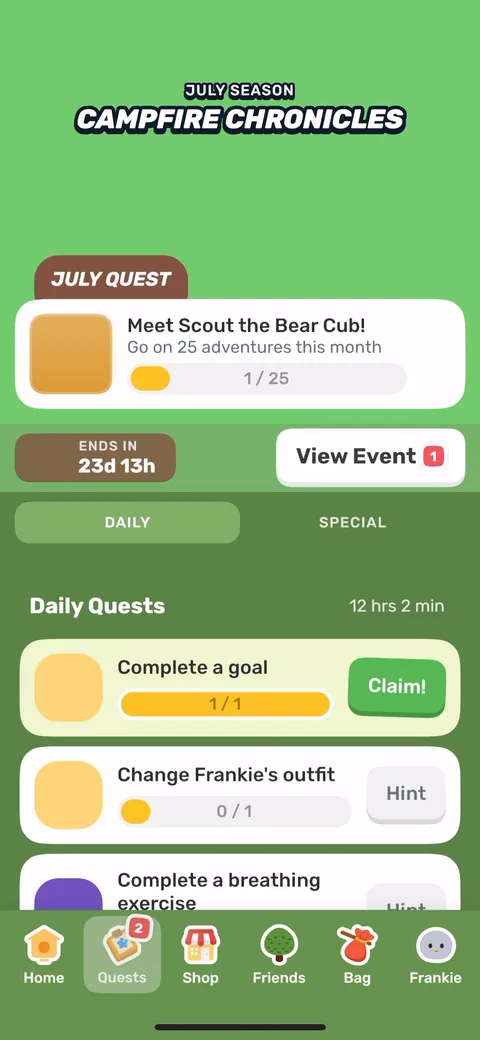 Finch onboarding screen 64: 'July Season: Campfire Chronicles' with a monthly quest, daily quests and special quests