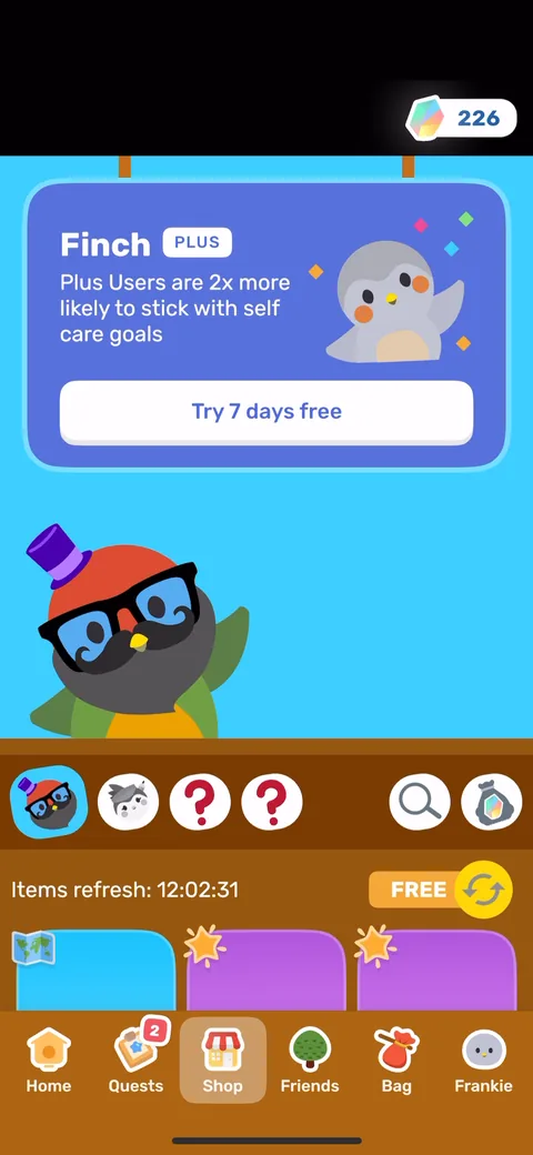 Finch onboarding screen 74: The Finch Plus upsell lives in the Shop: 'Plus Users are 2x more likely to stick with self care goals