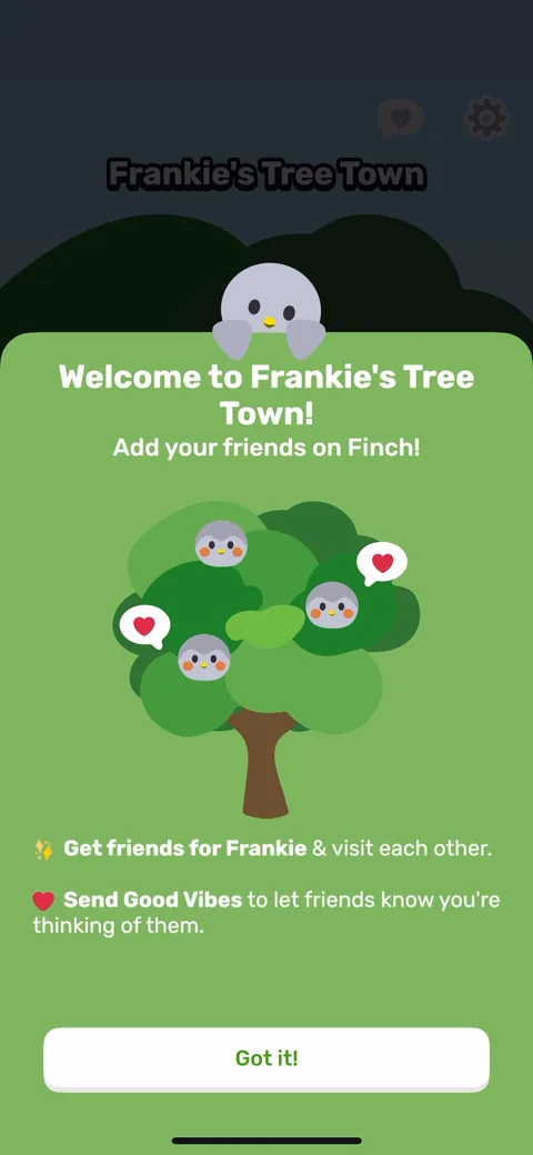 Finch onboarding screen 80: 'Welcome to Frankie's Tree Town