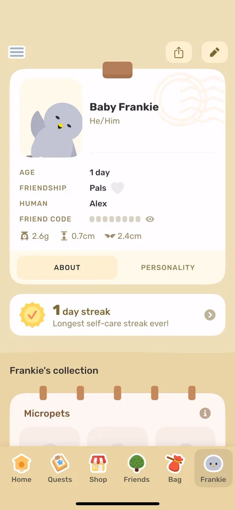 Finch onboarding screen 84: Frankie's profile: age 1 day, '1 day streak, longest self-care streak ever!' Framing a single day as a record…