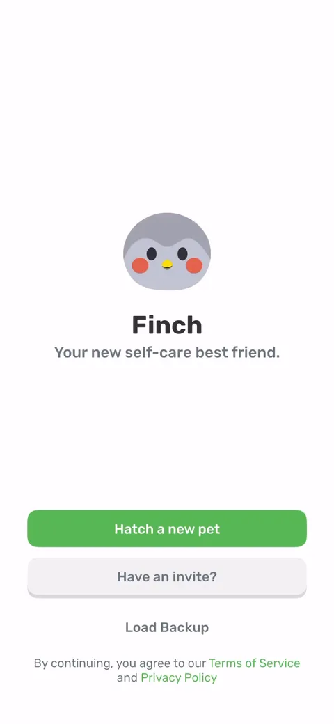 Finch onboarding screen 1: Three doors on the first screen: hatch a pet, enter an invite, or load a backup